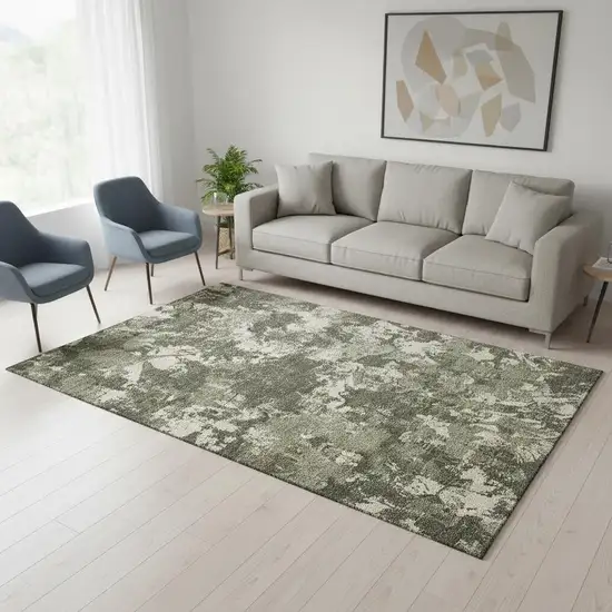 Olive Green Beige And Ivory Floral Washable Area Rug With UV Protection Photo 2