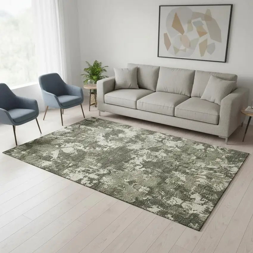 Olive Green Beige And Ivory Floral Washable Area Rug With UV Protection Photo 2