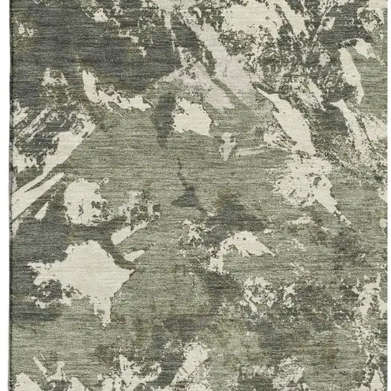 Olive Green Beige And Ivory Floral Washable Area Rug With UV Protection Photo 4