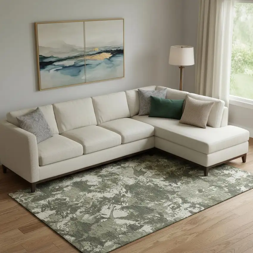 Olive Green Beige And Ivory Floral Washable Area Rug With UV Protection Photo 1