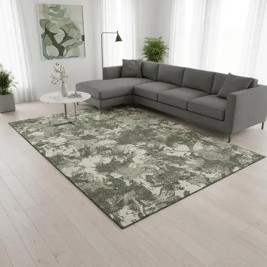 Olive Green Beige And Ivory Floral Washable Area Rug With UV Protection Photo 2