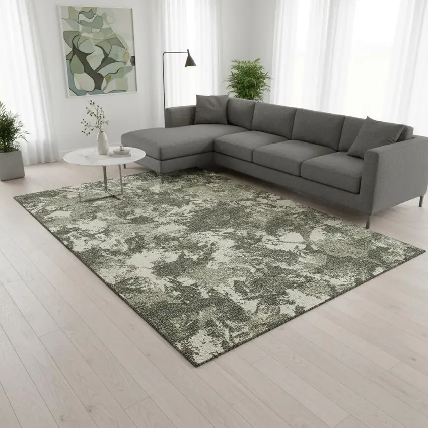 Olive Green Beige And Ivory Floral Washable Area Rug With UV Protection Photo 2