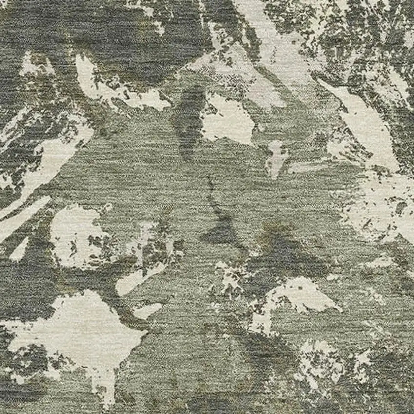 Olive Green Beige And Ivory Floral Washable Area Rug With UV Protection Photo 3