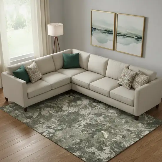 Olive Green Beige And Ivory Floral Washable Area Rug With UV Protection Photo 1