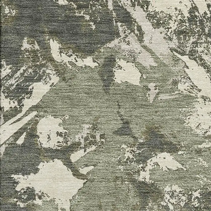 Olive Green Beige And Ivory Floral Washable Area Rug With UV Protection Photo 3