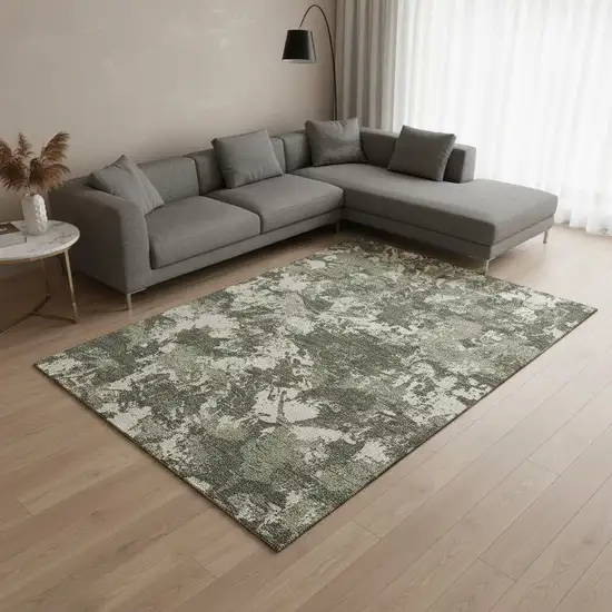 Olive Green Beige And Ivory Floral Washable Area Rug With UV Protection Photo 2