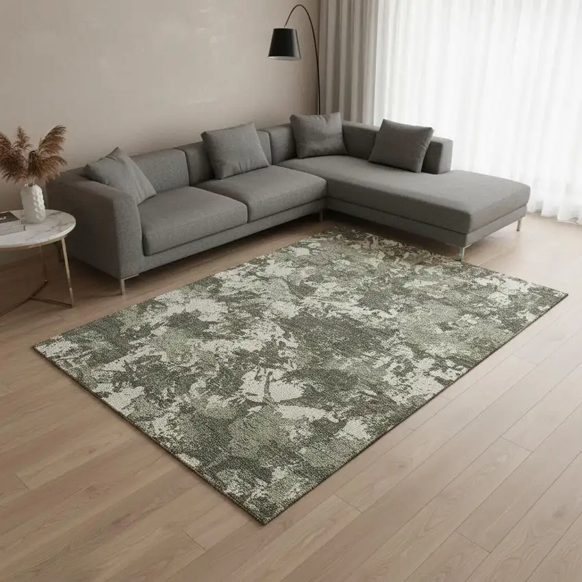 Olive Green Beige And Ivory Floral Washable Area Rug With UV Protection Photo 2