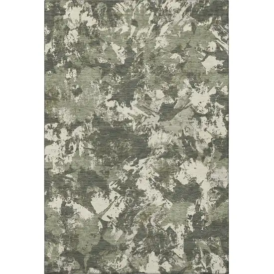 Olive Green Beige And Ivory Floral Washable Area Rug With UV Protection Photo 4