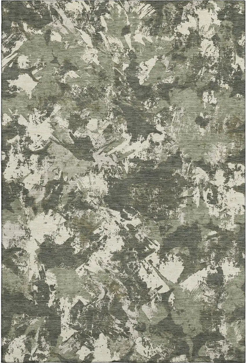 Olive Green Beige And Ivory Floral Washable Area Rug With UV Protection Photo 1