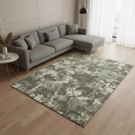 Olive Green Beige And Ivory Floral Washable Area Rug With UV Protection Photo 2