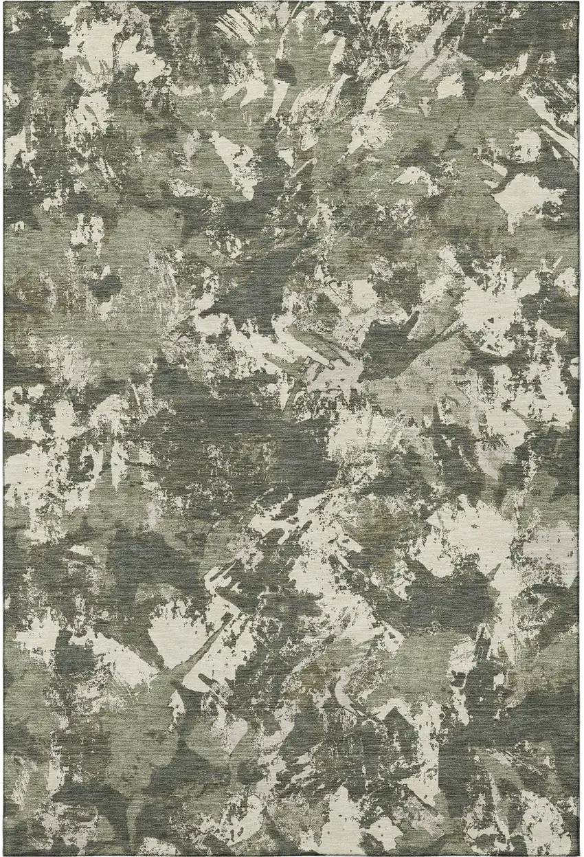 Olive Green Beige And Ivory Floral Washable Area Rug With UV Protection Photo 4