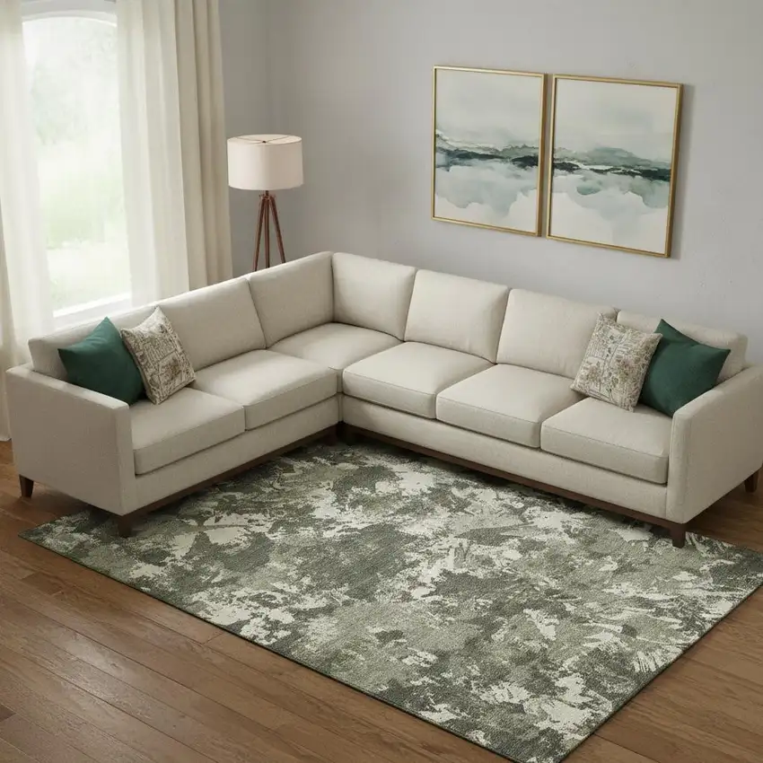 Olive Green Beige And Ivory Floral Washable Area Rug With UV Protection Photo 1