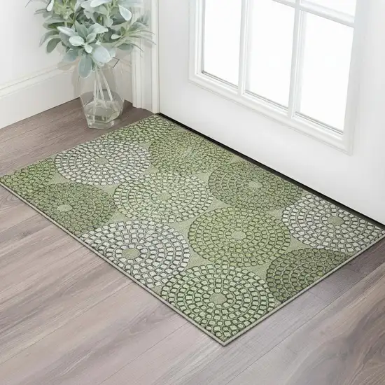 Olive Green Beige And Ivory Geometric Washable Area Rug With UV Protection Photo 2