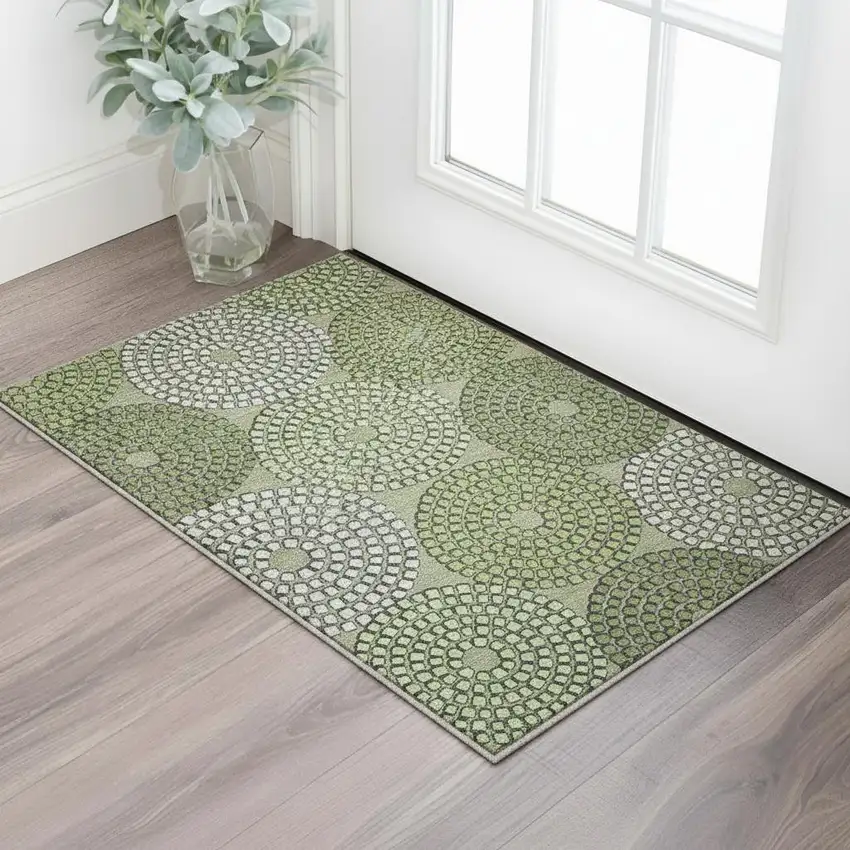 Olive Green Beige And Ivory Geometric Washable Area Rug With UV Protection Photo 2