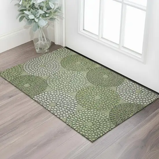 Olive Green Beige And Ivory Geometric Washable Area Rug With UV Protection Photo 1