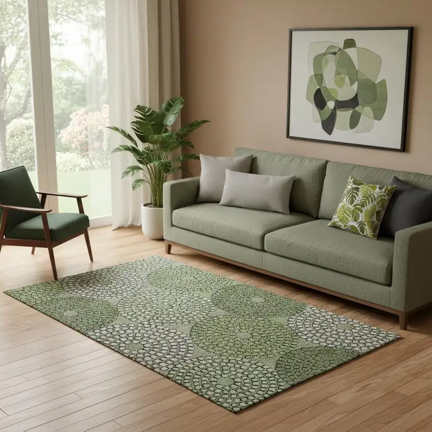 Olive Green Beige And Ivory Geometric Washable Area Rug With UV Protection Photo 1