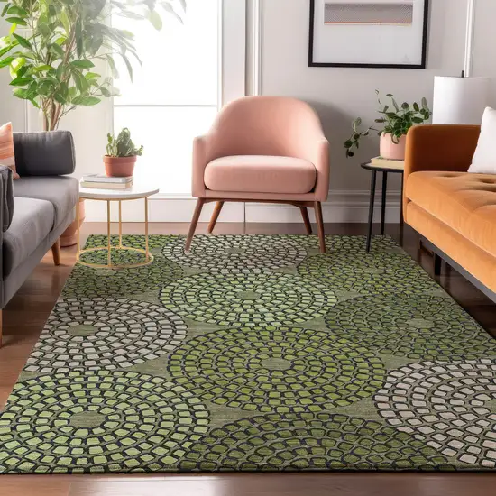 Olive Green Beige And Ivory Geometric Washable Area Rug With UV Protection Photo 5