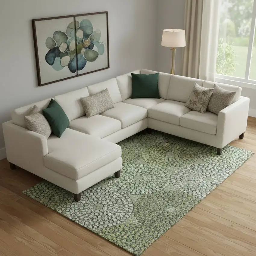 Olive Green Beige And Ivory Geometric Washable Area Rug With UV Protection Photo 1