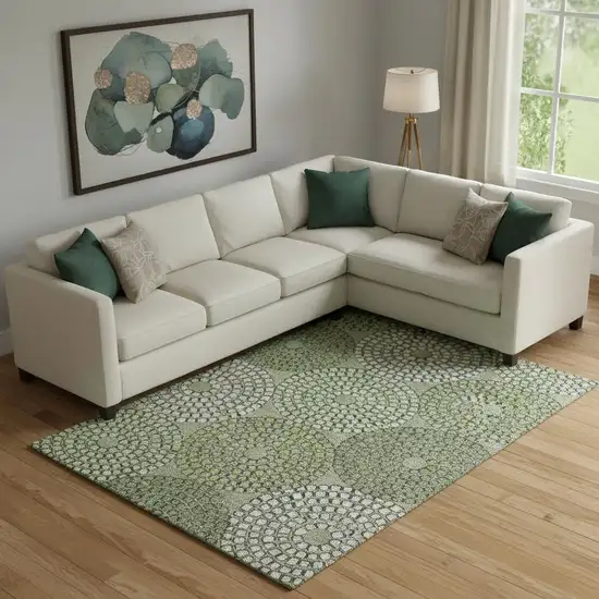 Olive Green Beige And Ivory Geometric Washable Area Rug With UV Protection Photo 1