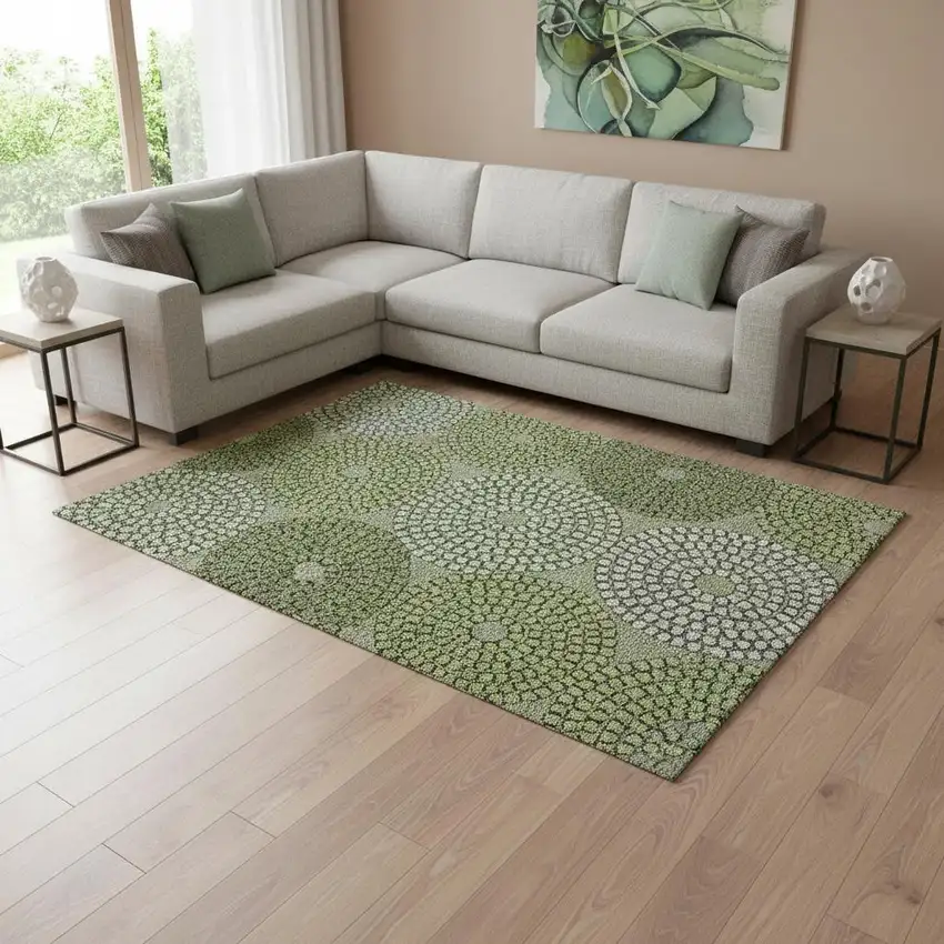 Olive Green Beige And Ivory Geometric Washable Area Rug With UV Protection Photo 2