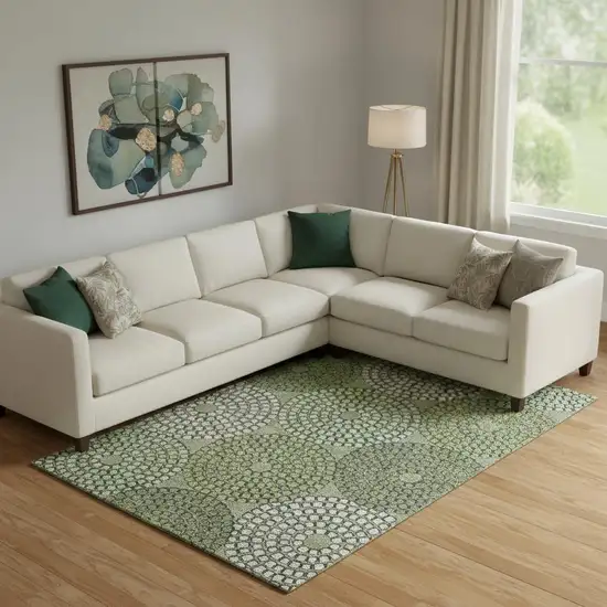 Olive Green Beige And Ivory Geometric Washable Area Rug With UV Protection Photo 1