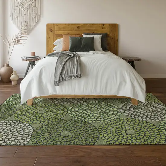 Olive Green Beige And Ivory Geometric Washable Area Rug With UV Protection Photo 6