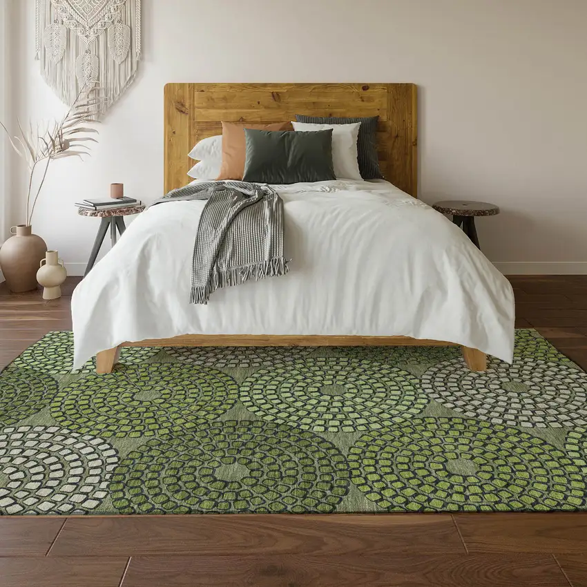 Olive Green Beige And Ivory Geometric Washable Area Rug With UV Protection Photo 6