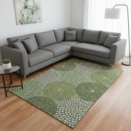 Olive Green Beige And Ivory Geometric Washable Area Rug With UV Protection Photo 2