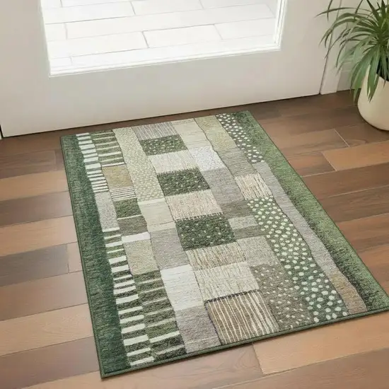 Olive Green Beige And Ivory Geometric Washable Area Rug With UV Protection Photo 2
