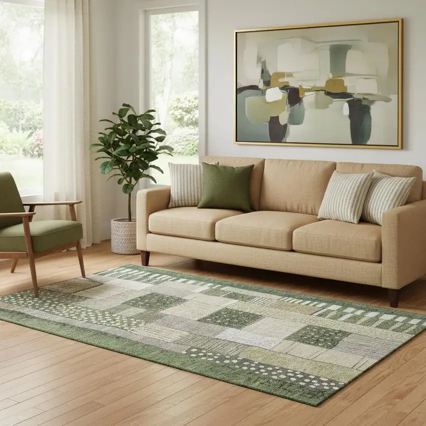 Olive Green Beige And Ivory Geometric Washable Area Rug With UV Protection Photo 2