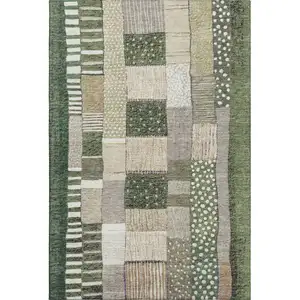 Photo of Olive Green Beige And Ivory Geometric Washable Area Rug With UV Protection