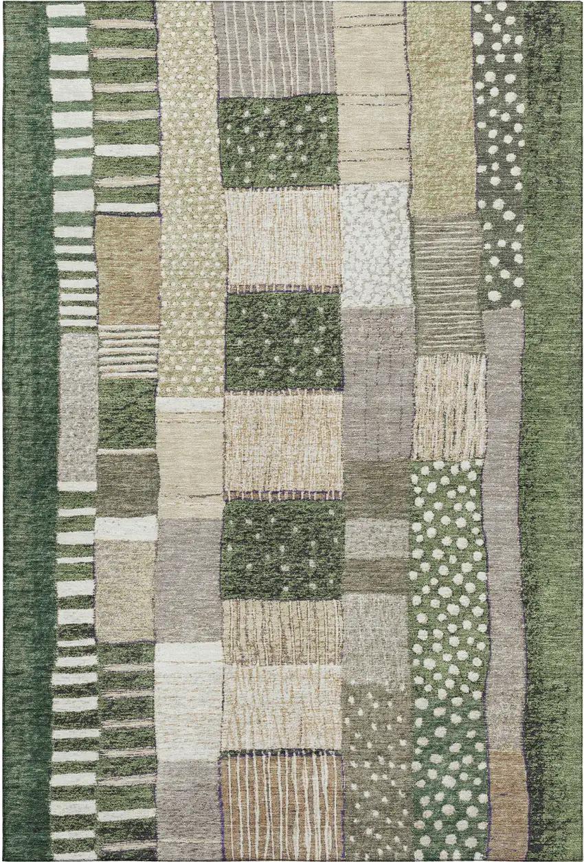 Olive Green Beige And Ivory Geometric Washable Area Rug With UV Protection Photo 1