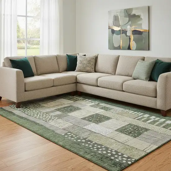 Olive Green Beige And Ivory Geometric Washable Area Rug With UV Protection Photo 2