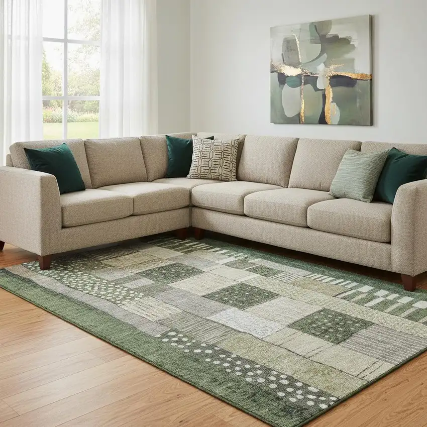 Olive Green Beige And Ivory Geometric Washable Area Rug With UV Protection Photo 2