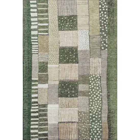 Olive Green Beige And Ivory Geometric Washable Area Rug With UV Protection Photo 1
