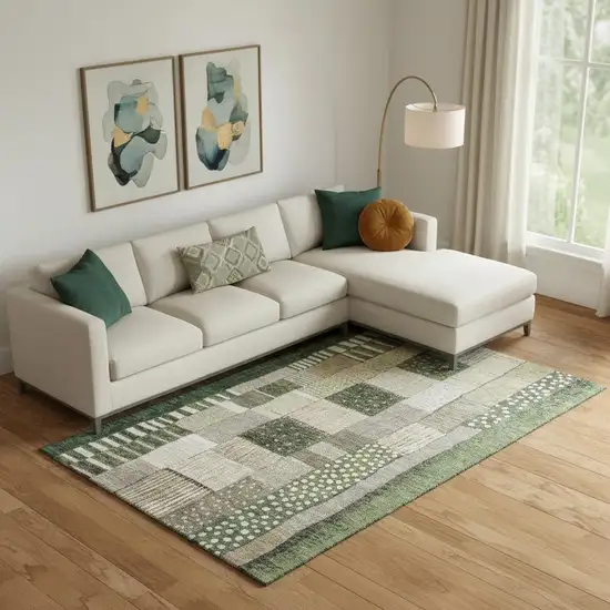 Olive Green Beige And Ivory Geometric Washable Area Rug With UV Protection Photo 2