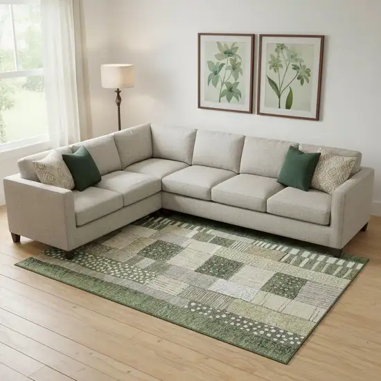 Olive Green Beige And Ivory Geometric Washable Area Rug With UV Protection Photo 2