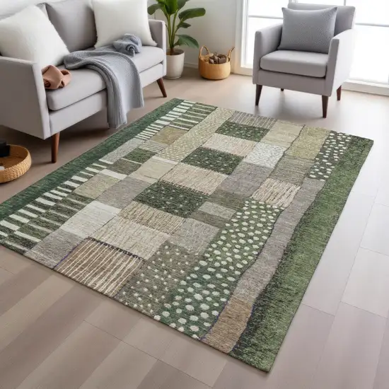 Olive Green Beige And Ivory Geometric Washable Indoor Outdoor Area Rug Photo 7