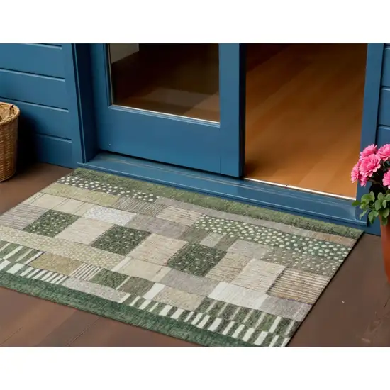 Olive Green Beige And Ivory Geometric Washable Indoor Outdoor Area Rug Photo 2