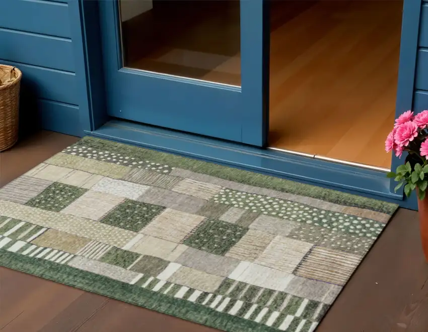 Olive Green Beige And Ivory Geometric Washable Indoor Outdoor Area Rug Photo 2