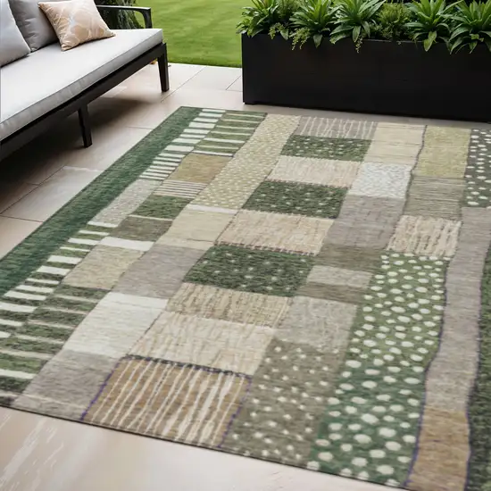 Olive Green Beige And Ivory Geometric Washable Indoor Outdoor Area Rug Photo 2