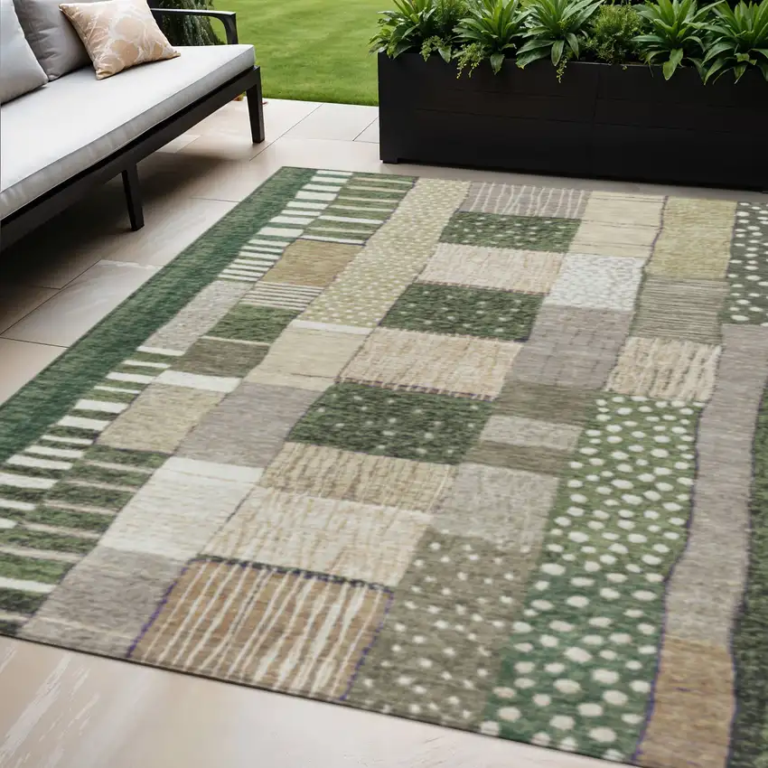 Olive Green Beige And Ivory Geometric Washable Indoor Outdoor Area Rug Photo 2