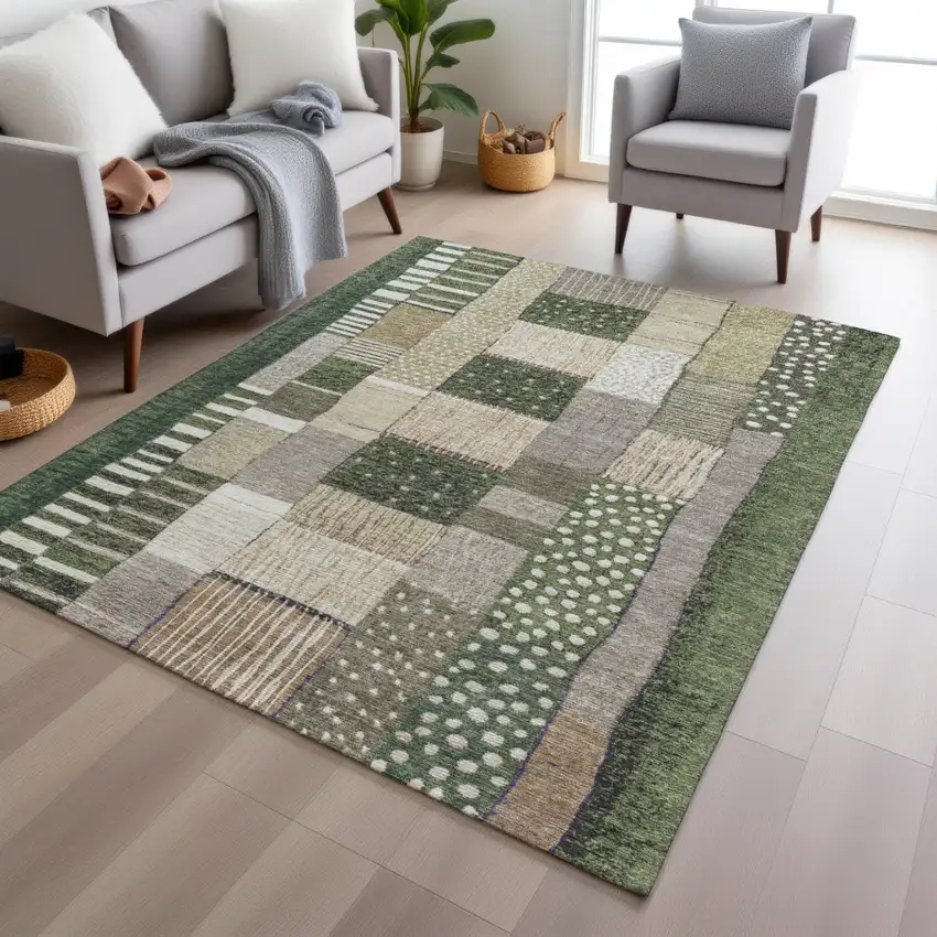 Olive Green Beige And Ivory Geometric Washable Indoor Outdoor Area Rug Photo 7