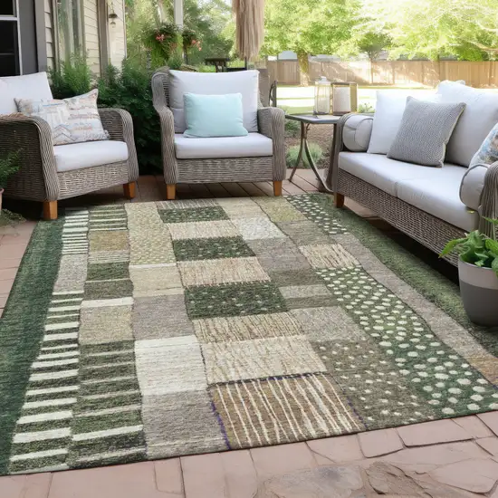 Olive Green Beige And Ivory Geometric Washable Indoor Outdoor Area Rug Photo 6