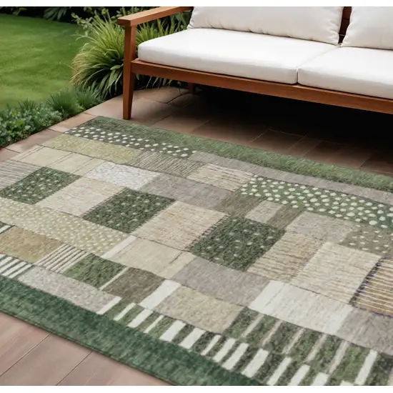 Olive Green Beige And Ivory Geometric Washable Indoor Outdoor Area Rug Photo 2