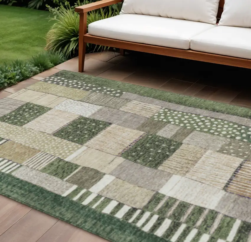 Olive Green Beige And Ivory Geometric Washable Indoor Outdoor Area Rug Photo 2
