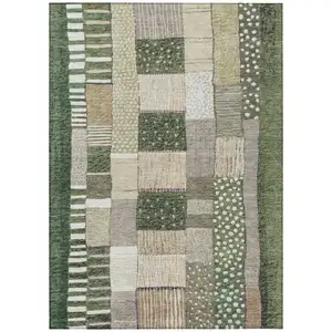 Photo of Olive Green Beige And Ivory Geometric Washable Indoor Outdoor Area Rug