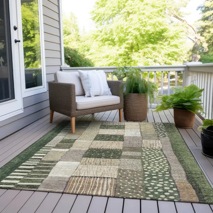 Olive Green Beige And Ivory Geometric Washable Indoor Outdoor Area Rug Photo 9