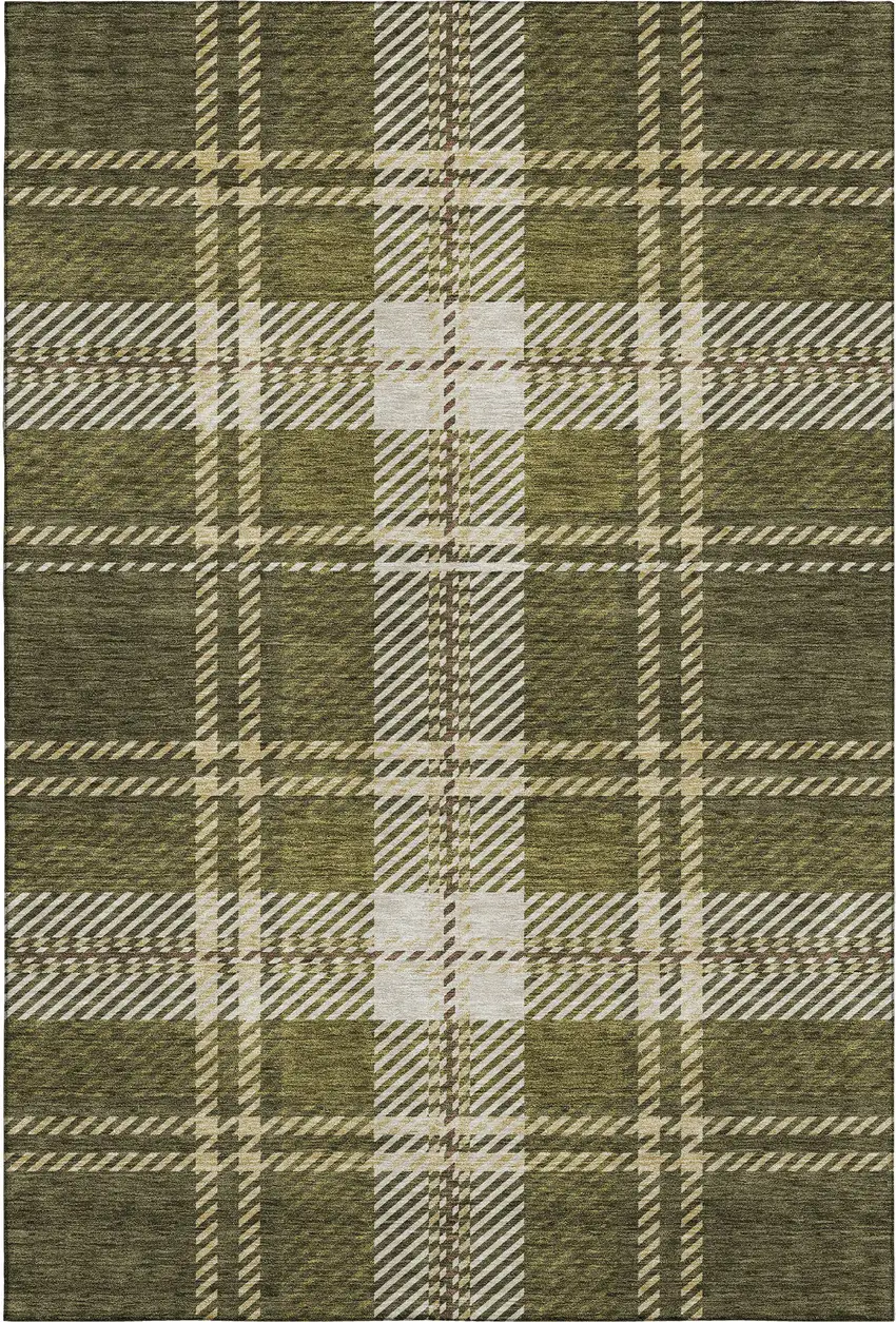 Olive Green Beige And Ivory Plaid Washable Area Rug With UV Protection Photo 1