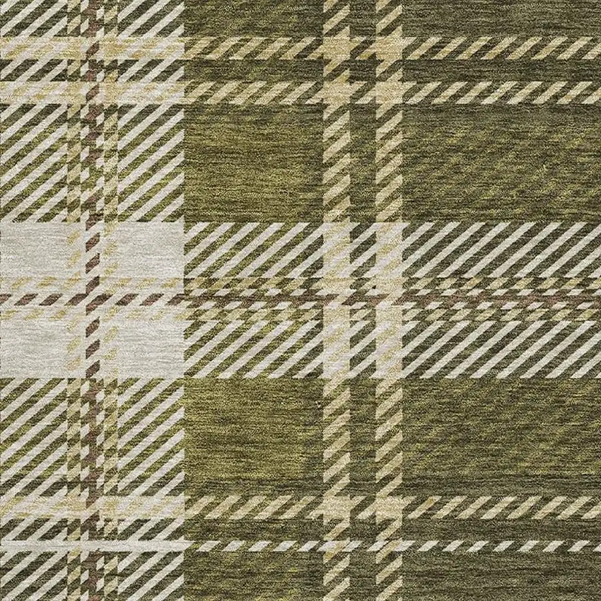 Olive Green Beige And Ivory Plaid Washable Area Rug With UV Protection Photo 2